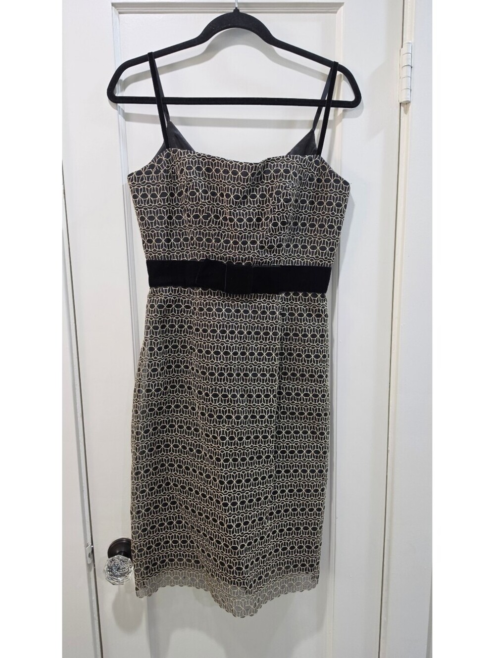 Milly Size 6 Black and Beige Lace Cocktail Dress with Velvet Bow